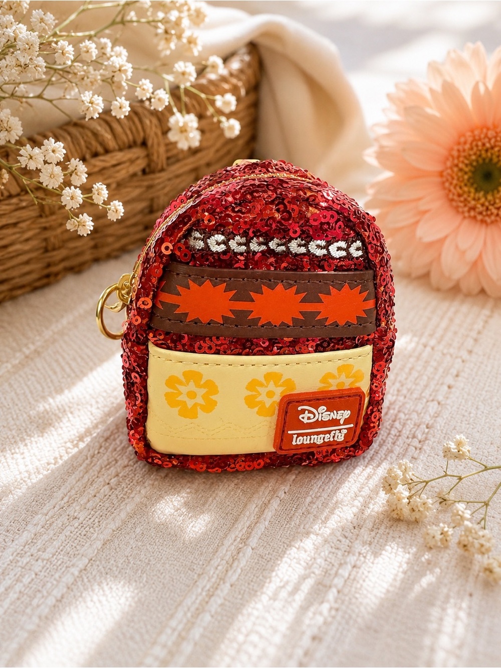 Loungefly Red Sequin Mini Backpack Keychain with Cream & Yellow Floral Panel - Picture 3 of 4